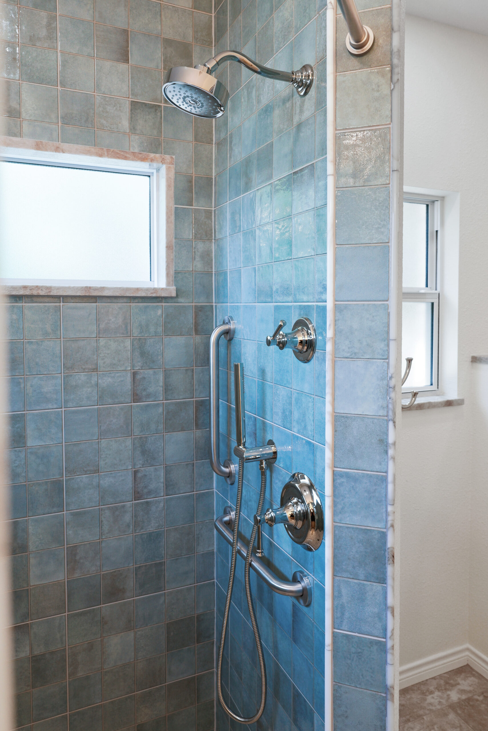 Custom built Giorbello tile shower in San Antonio, Texas.