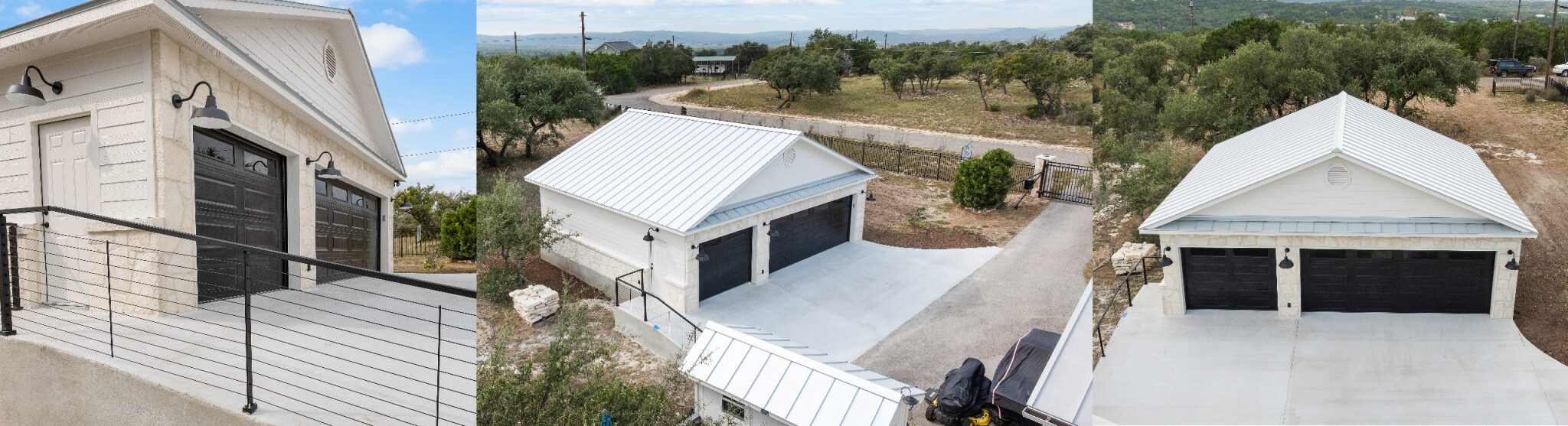 Custom built large garage with black door in Boerne, Texas